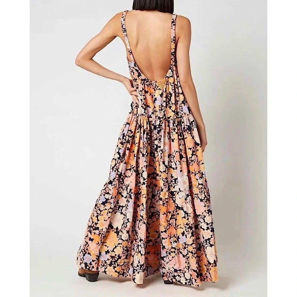 Free People Park Slope Floral Cotton Maxi Dress Navy Combo M Summer Vacation